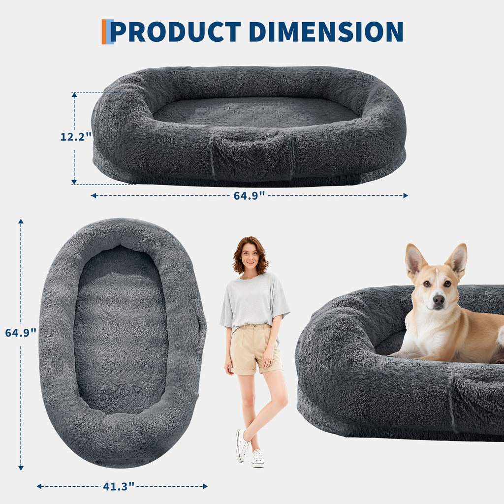 Garvee XL Orthopedic Memory Foam Dog Bed for Adults & Pets – Oversized Bean Bag Lounger, Washable Faux Fur, Side Pocket, Waterproof, No Assembly, Calming Nest for Anxiety Relief – Navy Blue