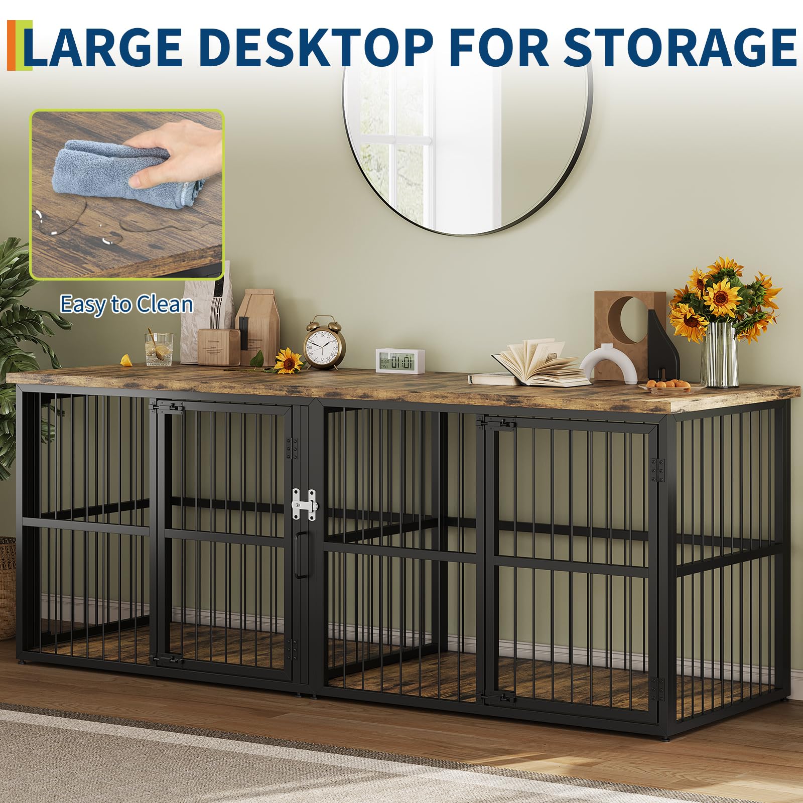 Garvee 87 in Extra Large Double Dog Crate Furniture with Divider, Heavy Duty Kennel with 3 Lockable Doors, Wooden Indoor Pet House TV Stand for 2 Small Medium Large Dogs, Black+Brown Tabletop
