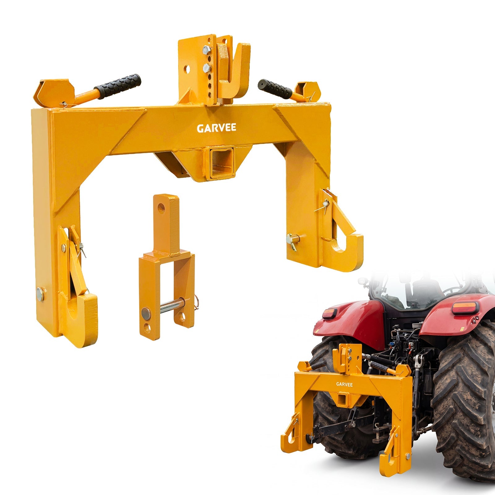 Garvee Heavy Duty 3-Point Quick Hitch Tool Set for Category 1 Tractors - Upgraded Versatile Adapter, 2" Receiver, 5-Level Adjustable Bolt, 3000 lbs Capacity, Trailer Hitch Attachment - Yellow