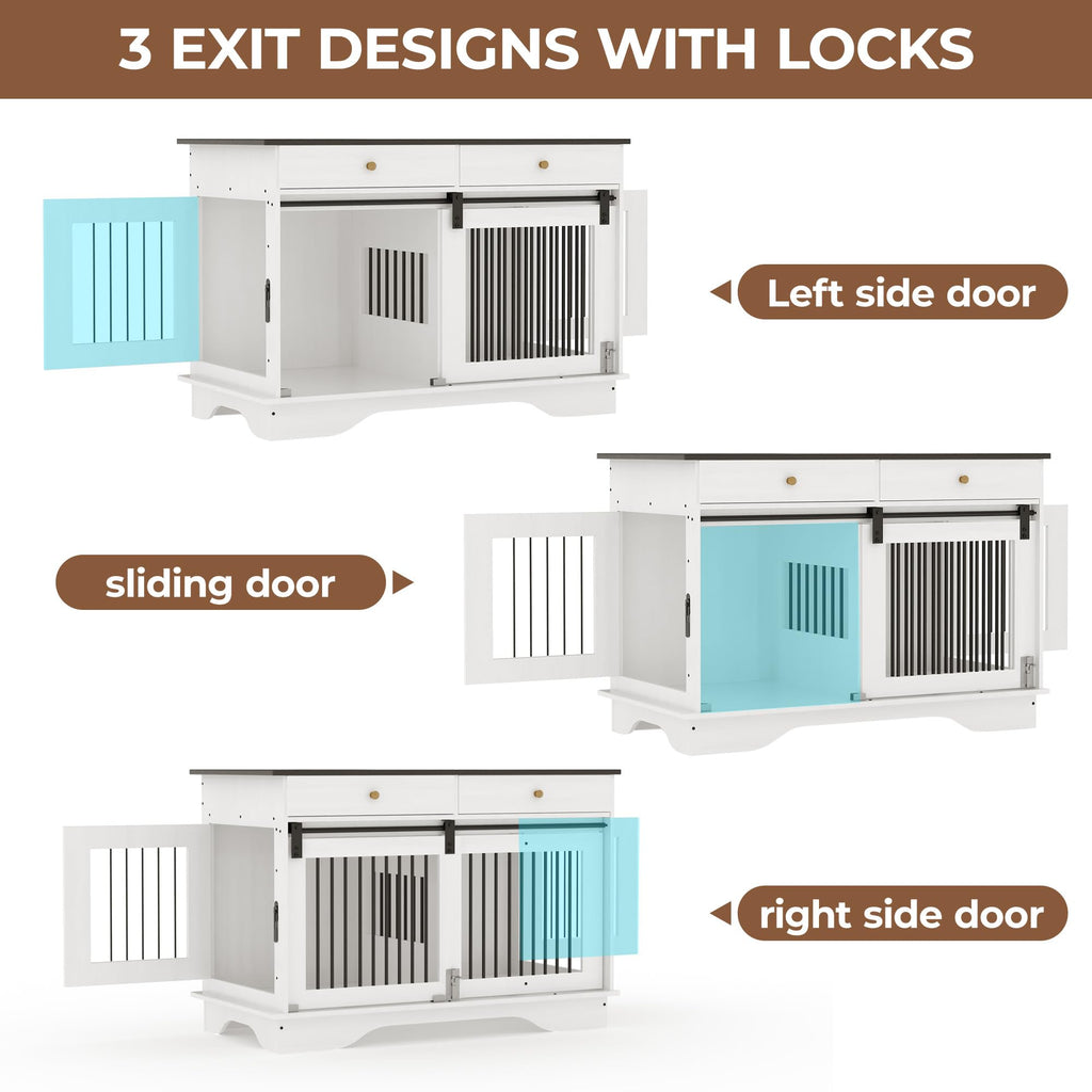 Garvee 2 Pack Spacious Double Dog Crate Furniture, 47" Large Dog Kennel, Removable Divider, 2 Storage Drawers, Chew-Resistant, Triple Door End Table for Large Dogs, White+Brown Table Top