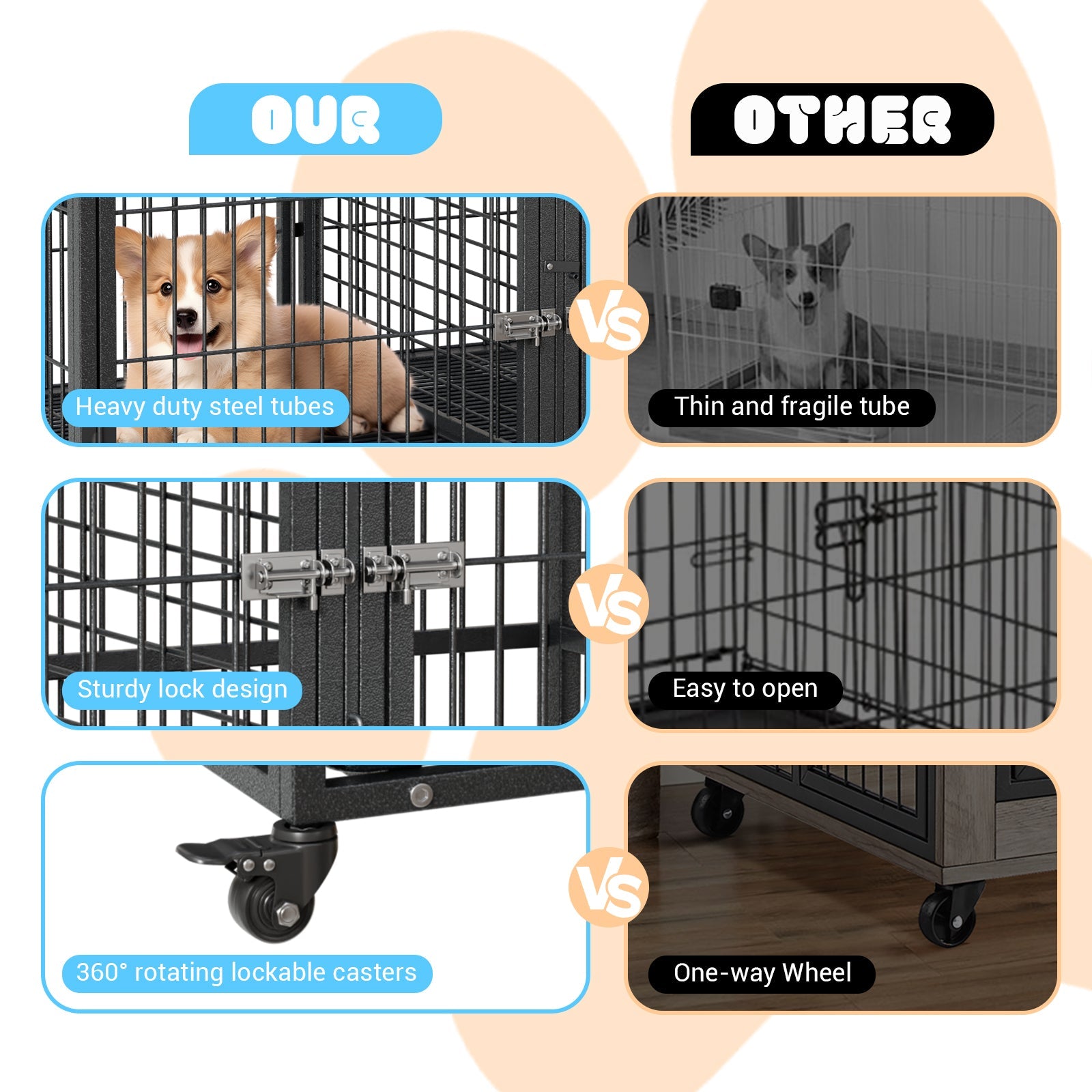 Garvee Heavy Duty Dog Crate, 48 Inch Dog Crate with Double Door, 360° Lockable Wheels and Removable Tray, Easy to Assembly, Indoor Outdoor Dog Cage for Small Medium Large Dogs
