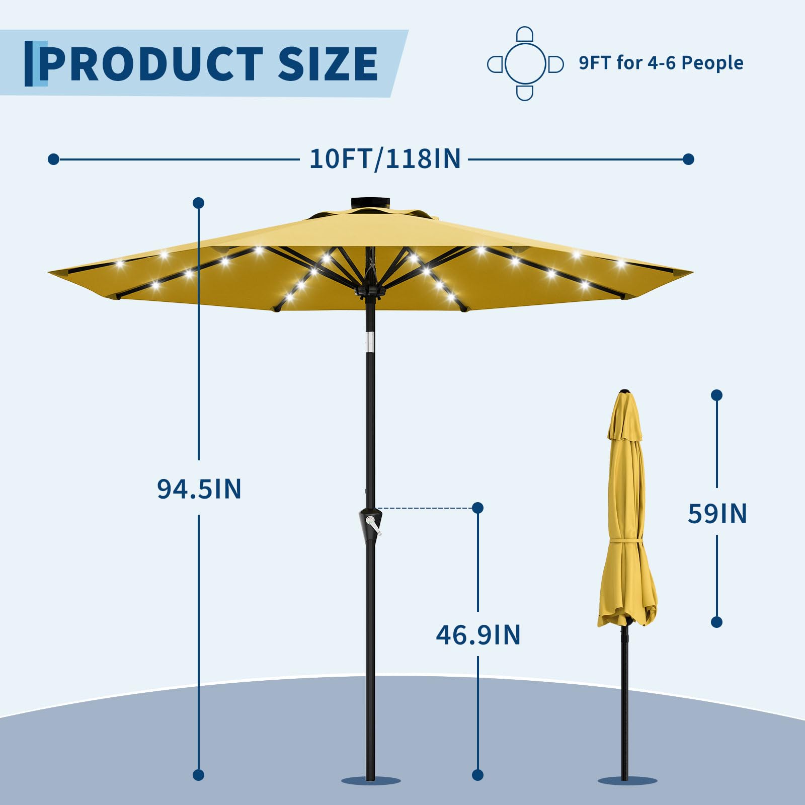Garvee 10 ft Solar Patio Umbrella with 32 LED Lights, Outdoor Market Umbrella with Crank Lift & Tilt, UV-Resistant Canopy for Pool, Garden & Backyard, Yellow
