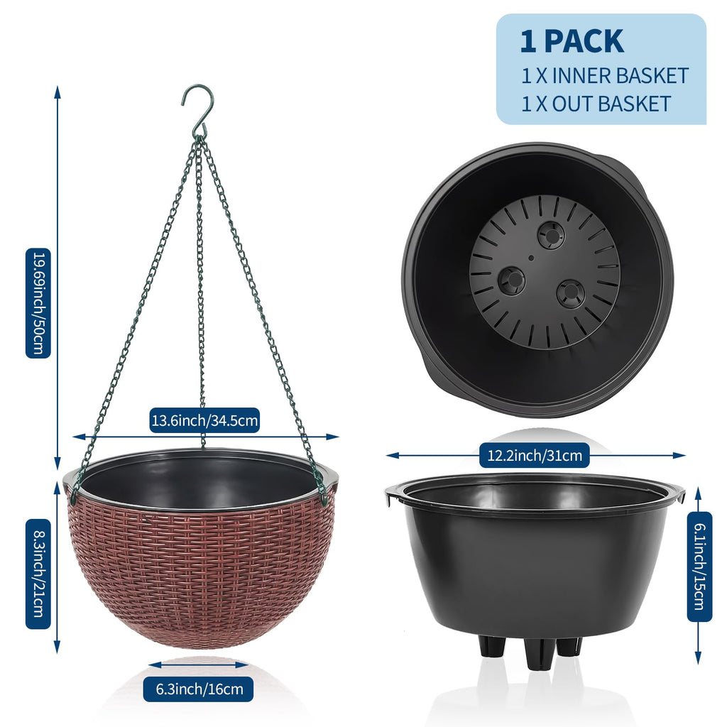 Garvee Self-Watering Hanging Planters for Indoor & Outdoor Plants, 4-Pack 13.8 in Resin Baskets with Rattan Look, Drainage Plugs and Triple-Chain Hangers