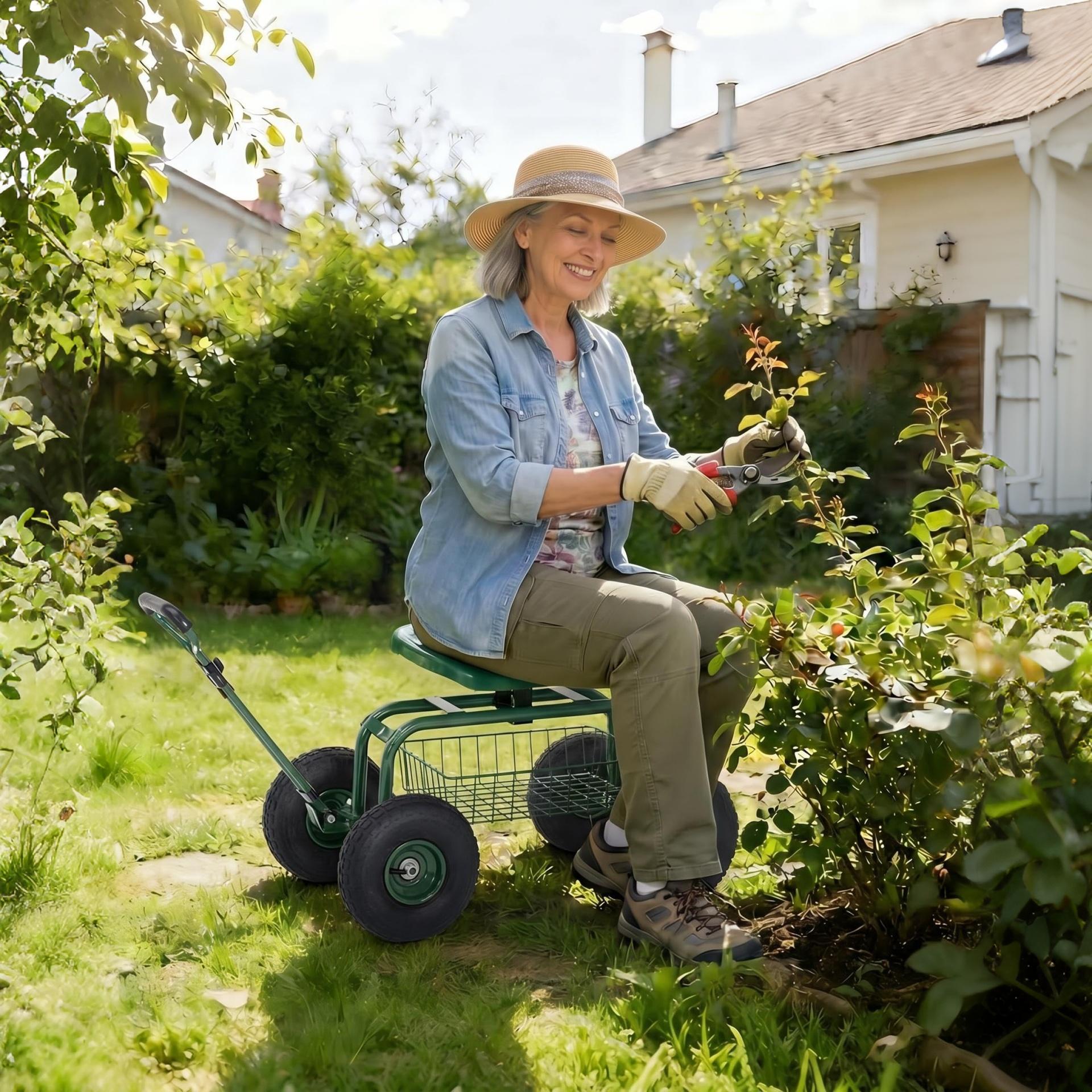 Garvee Green Rolling Garden Work Seat with Wheels, 360° Swivel Gardening Cart with Extendable Steering Handle, Tool Tray, Storage Basket & 10" Inflatable Tires, 400 lb Capacity Garden Scooter for Yard, Patio & Outdoor Use