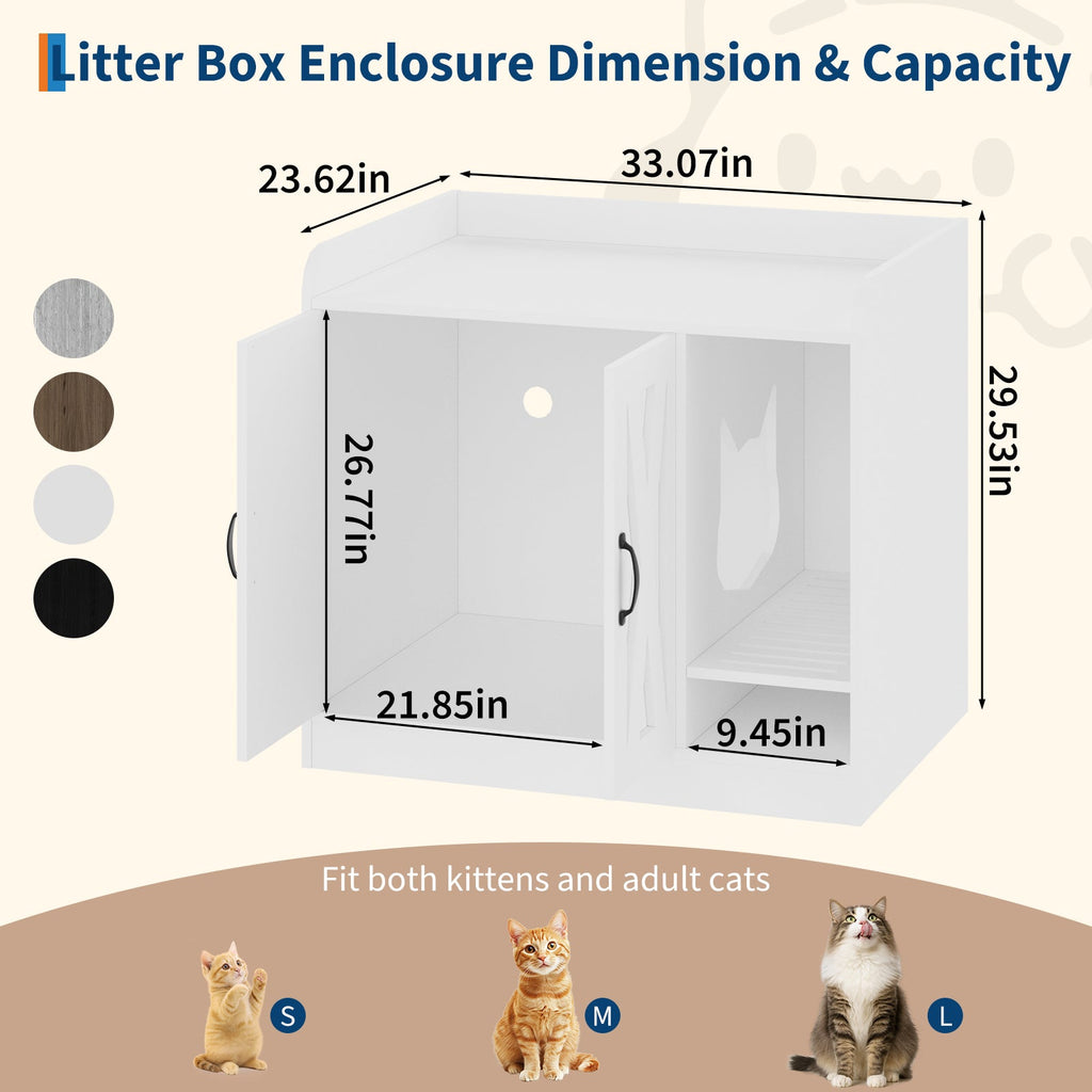 Garvee Cat Litter Box Enclosure, Hidden Litter Box Furniture with Divider, Indoor Cat House, Wooden Cat Washroom Storage Cabinet Bench, Side End Table Nightstand, 33.07"L × 23.62"W × 23.92"H, White