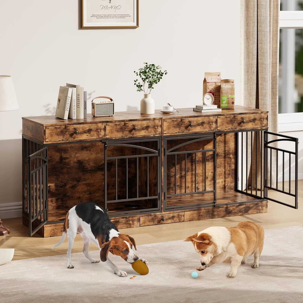 Garvee 78.7" Double Dog Crate Furniture with Storage and 4 Doors, Dog Kennel Indoor with Feeding Bowls, Wood Dog Crate TV Stand for Small Medium Dogs, Brown