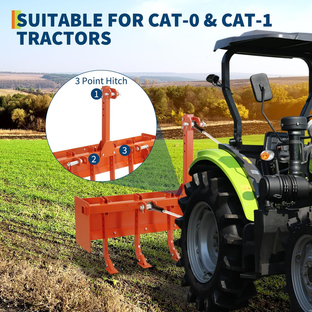 Garvee 55" Heavy Duty Box Blade for Tractor - 6 Adjustable Scarifier Shanks, 3-Point Hitch, Reinforced Carbon Steel, CAT-0 & 1 Compatible, Land Leveling