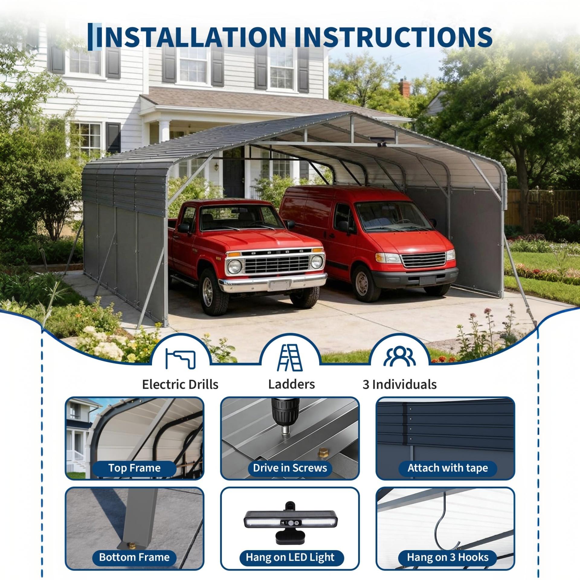 Garvee Metal Carport, 20x20 ft Heavy Duty 2-Car Outdoor Garage with Galvanized Steel Roof, LED Light, Reinforced Base & Removable PE Sidewalls