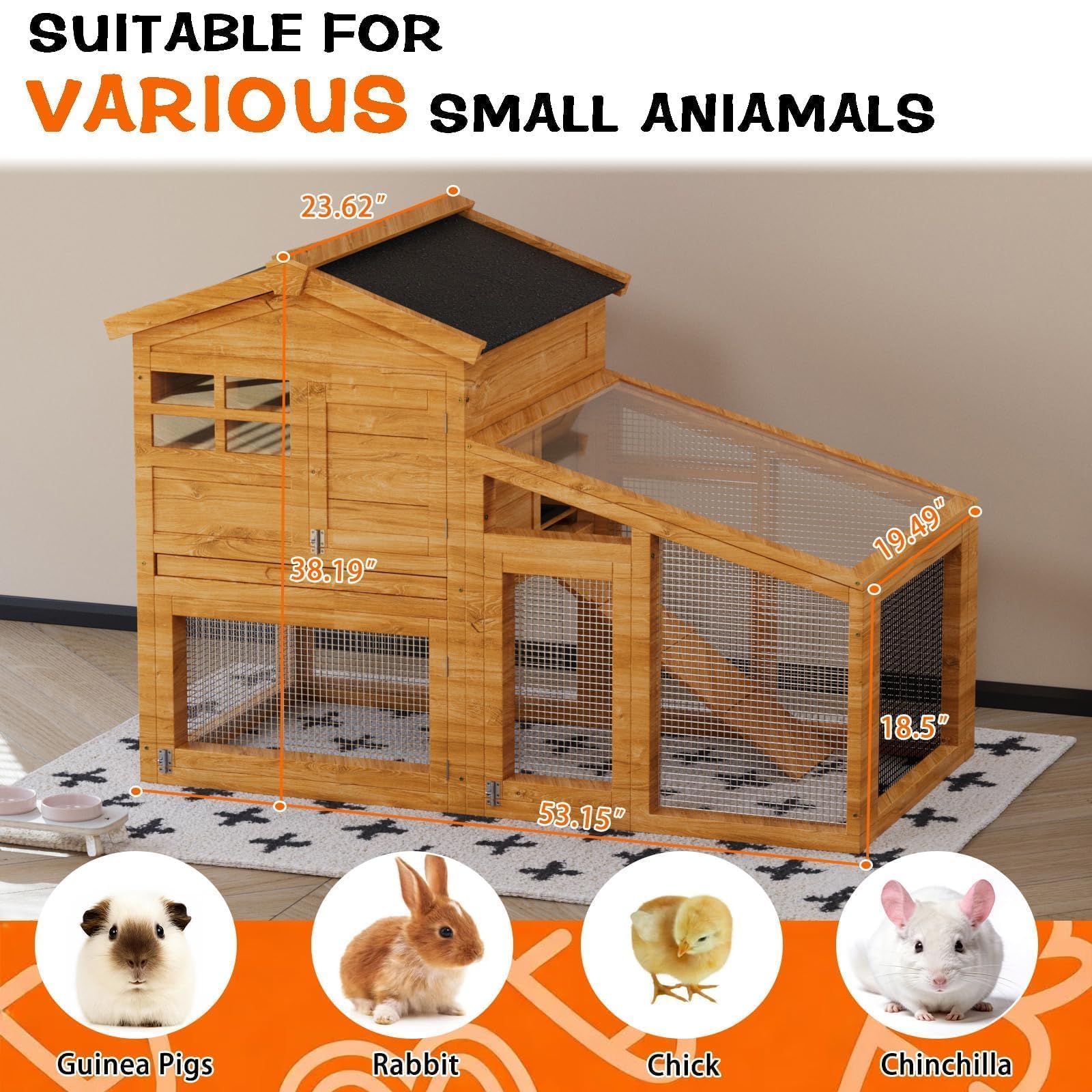 Garvee 2-Tier 53" Wooden Small Animal Cage, Weatherproof Rabbit Hutch with Non-Slip Ramp, Leak-Proof Removable Tray, Anti-Chew Metal Frame, Asphalt Roof, Ideal for Rabbits, Guinea Pigs, Rufous White