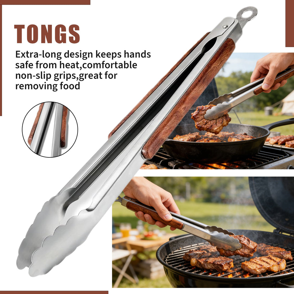 Garvee Heavy Duty Stainless Steel BBQ Grill Tool Set, 3-Piece with Heat Resistant Pear Wood Handles – Slotted Serrated Spatula, Meat Fork, Locking Tongs – Non-Slip Outdoor Grill Accessories for Barbecue, Camping – Color: Pear wood