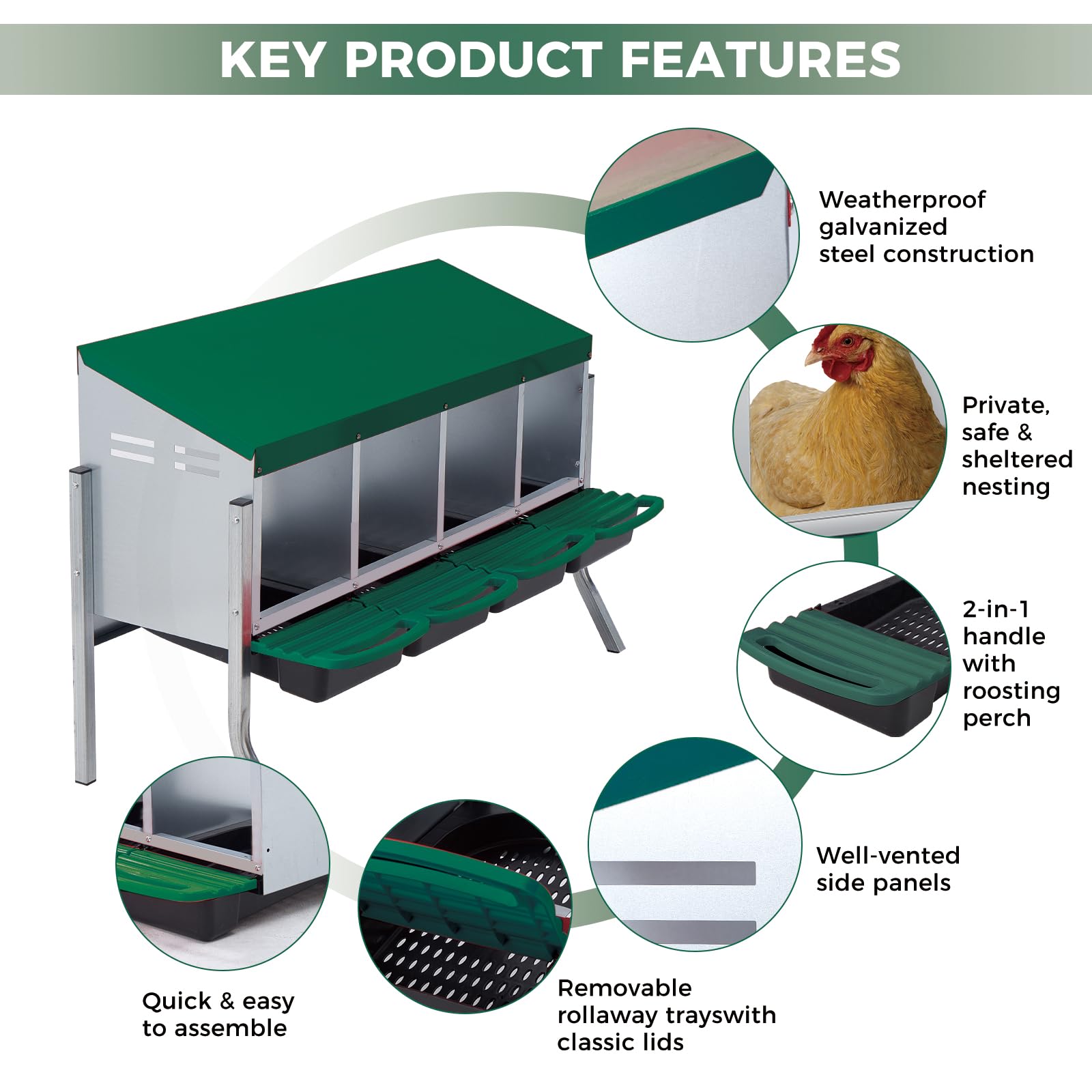 Garvee Heavy-Duty 4-Compartment Chicken Nesting Box – Roll Away Egg Collection Tray, Galvanized Steel (Green)