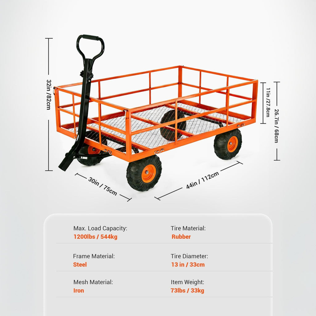 Garvee Garden Cart, 1200 lbs Heavy Duty Steel Utility Wagon with Removable Mesh Sides, 13" Wheels and 180° Pull Handle for Yard, Orange