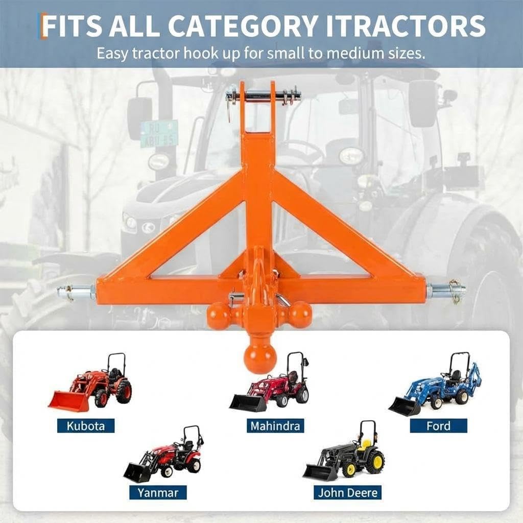 Garvee 3 Point Trailer Hitch 2" Receiver and Towing Ball Hitch with Hook Heavy Duty Cat.1 Tractor Drawbar 3Pt Quick Hitch Attachment for Kubota, Category 1 Subcompact Tractor Farm Equipment