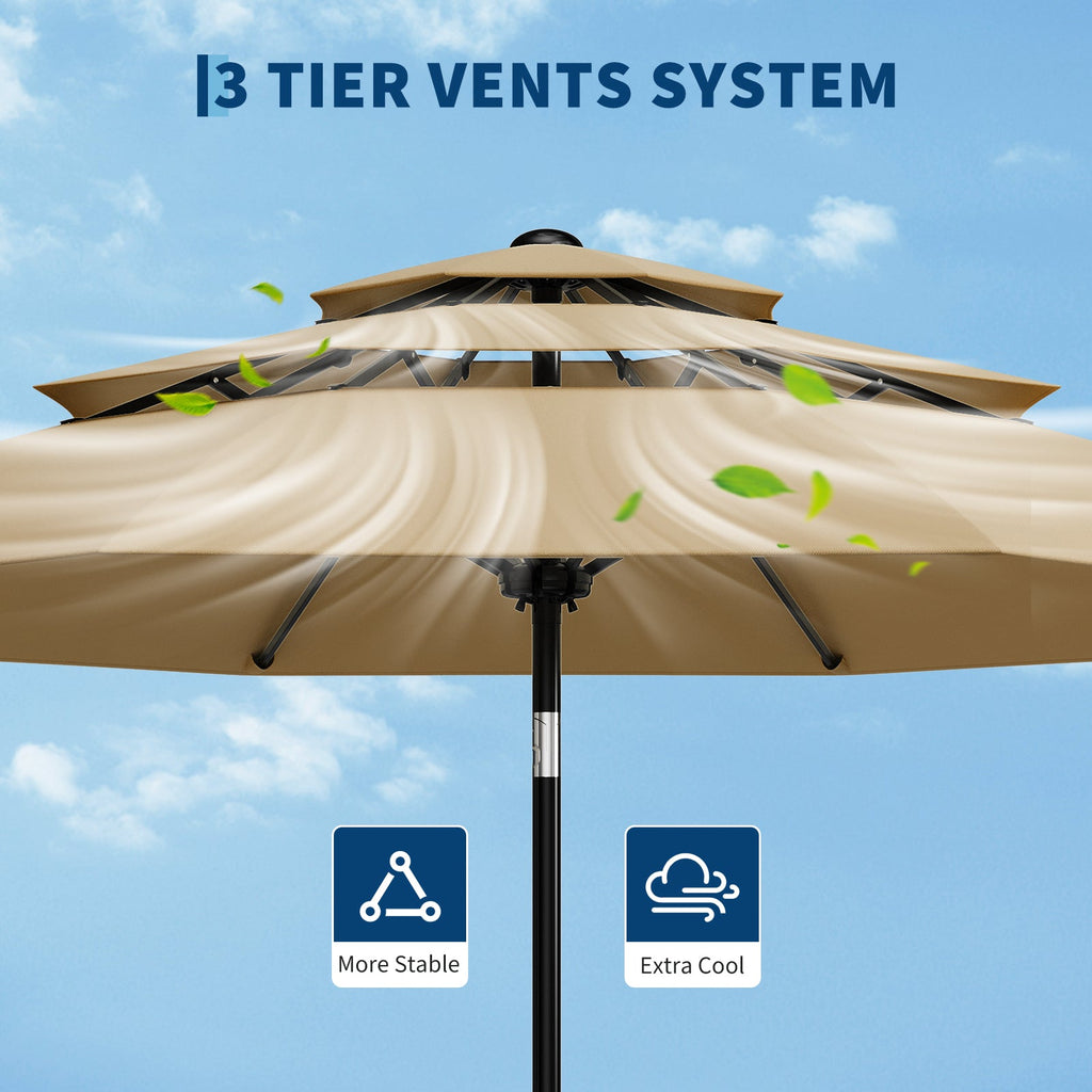 Garvee 10' Outdoor Patio Umbrella, 3-Tier Vented Canopy with Crank Tilt, 8 Ribs, Tan