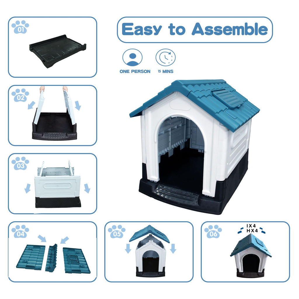 Garvee Large Dog House Outdoor with Air Vents and Elevated Floor for Medium Large Dogs, Plastic Waterproof Doghouse Sloping Roof, Easy Clean and Assemble, Blue