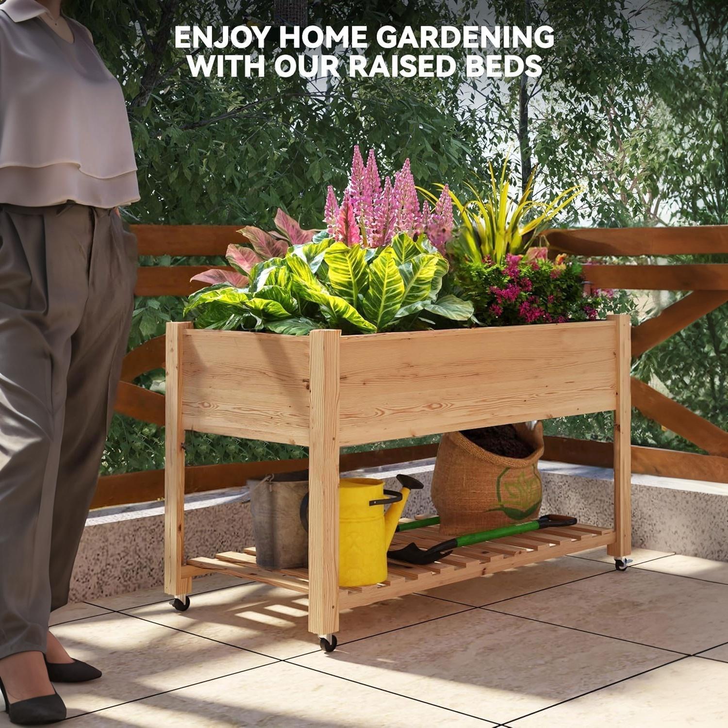 Garvee Mobile Raised Garden Bed, 48 x 24 x 32 in Cedar Elevated Planter Box with 220 lbs Capacity, Lockable Wheels, Storage Shelf & Protective Liner for Patio, Balcony & Herbs