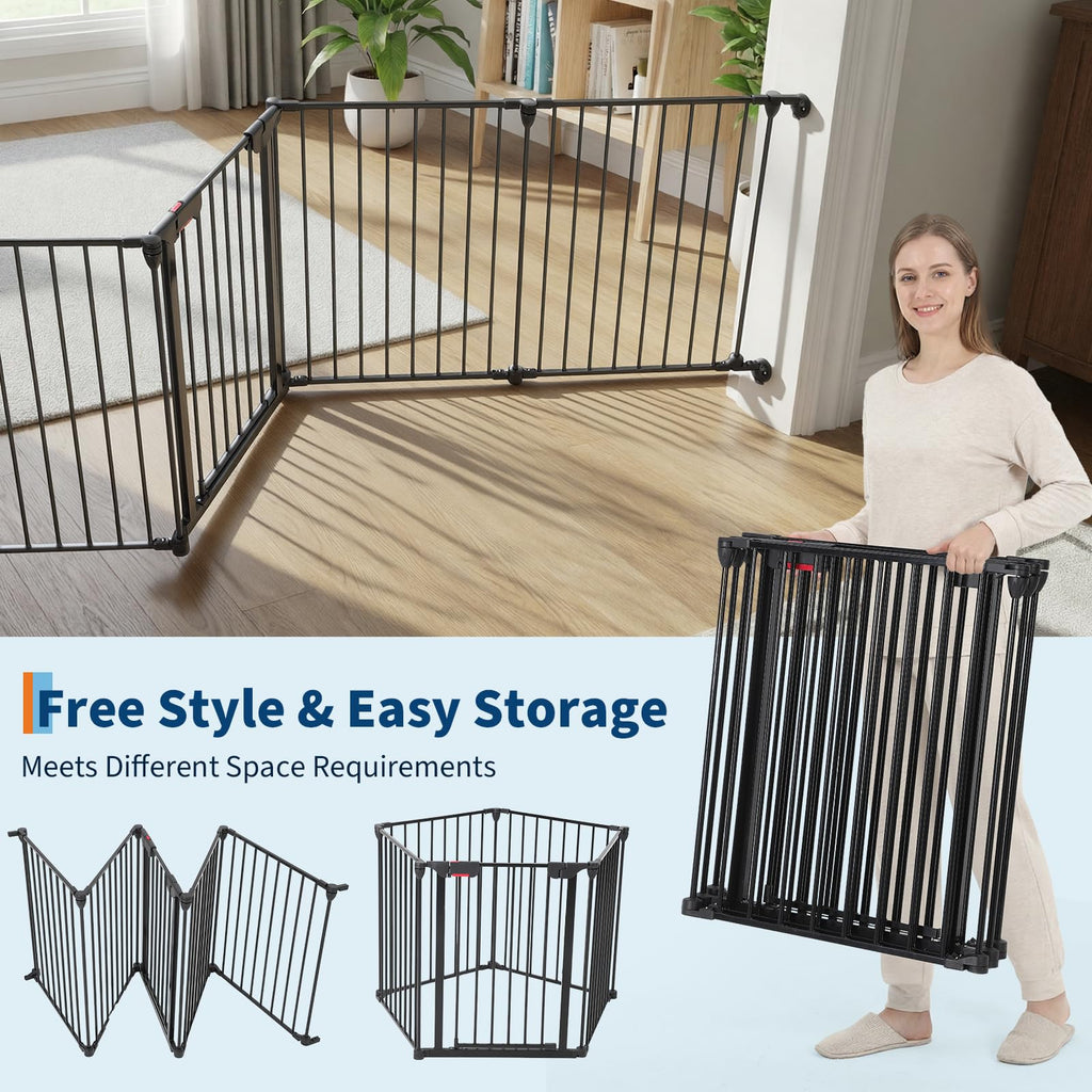 Garvee Adjustable Metal Pet Safety Gate, 5-Panel 29" High Collapsible Playpen with Lockable Door, Portable Indoor/Outdoor Barrier for Stairs, Doorways, RV, Camping, Yard, Garden, Black
