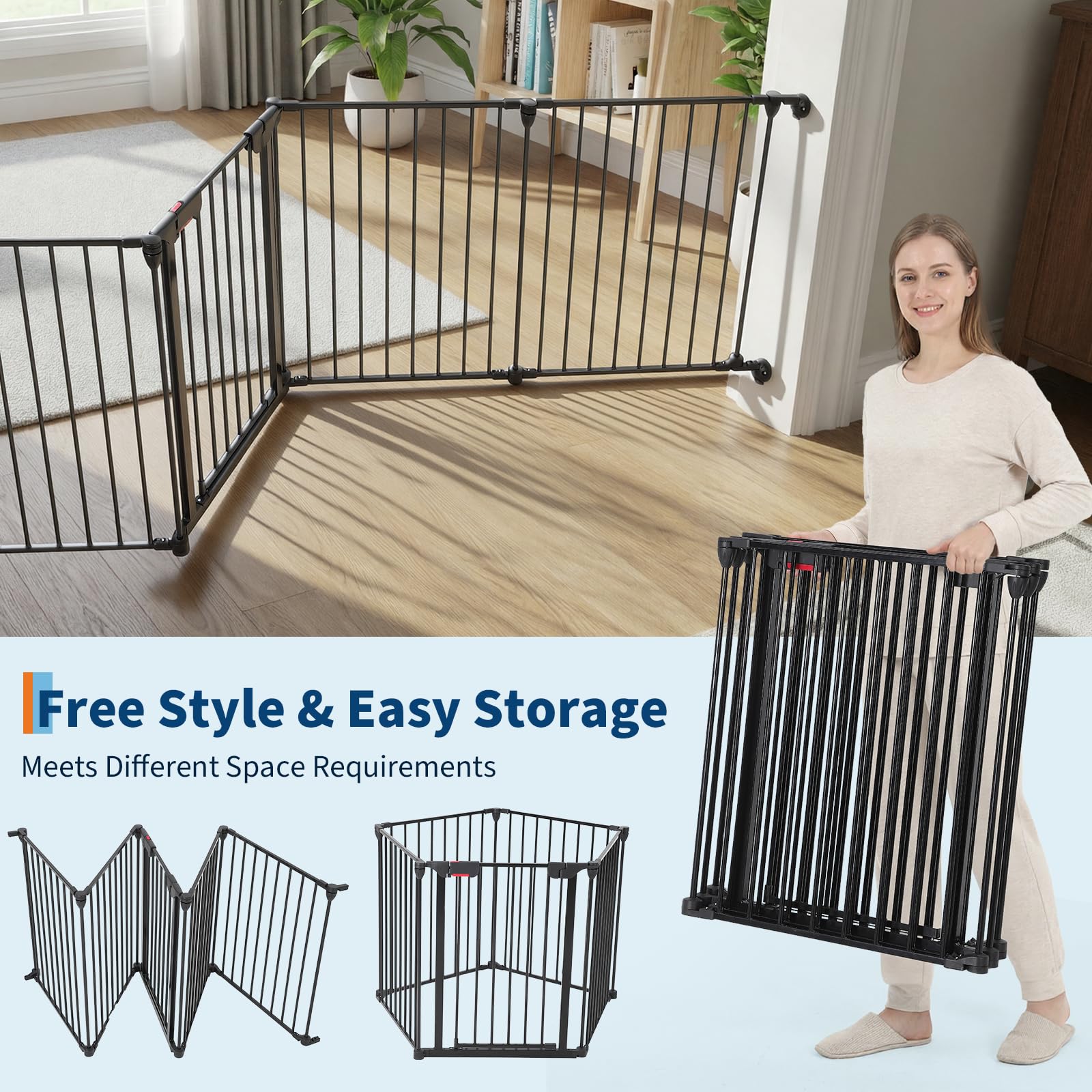 Garvee Adjustable Metal Pet Safety Gate, 5-Panel 29" High Collapsible Playpen with Lockable Door, Portable Indoor/Outdoor Barrier for Stairs, Doorways, RV, Camping, Yard, Garden, Black