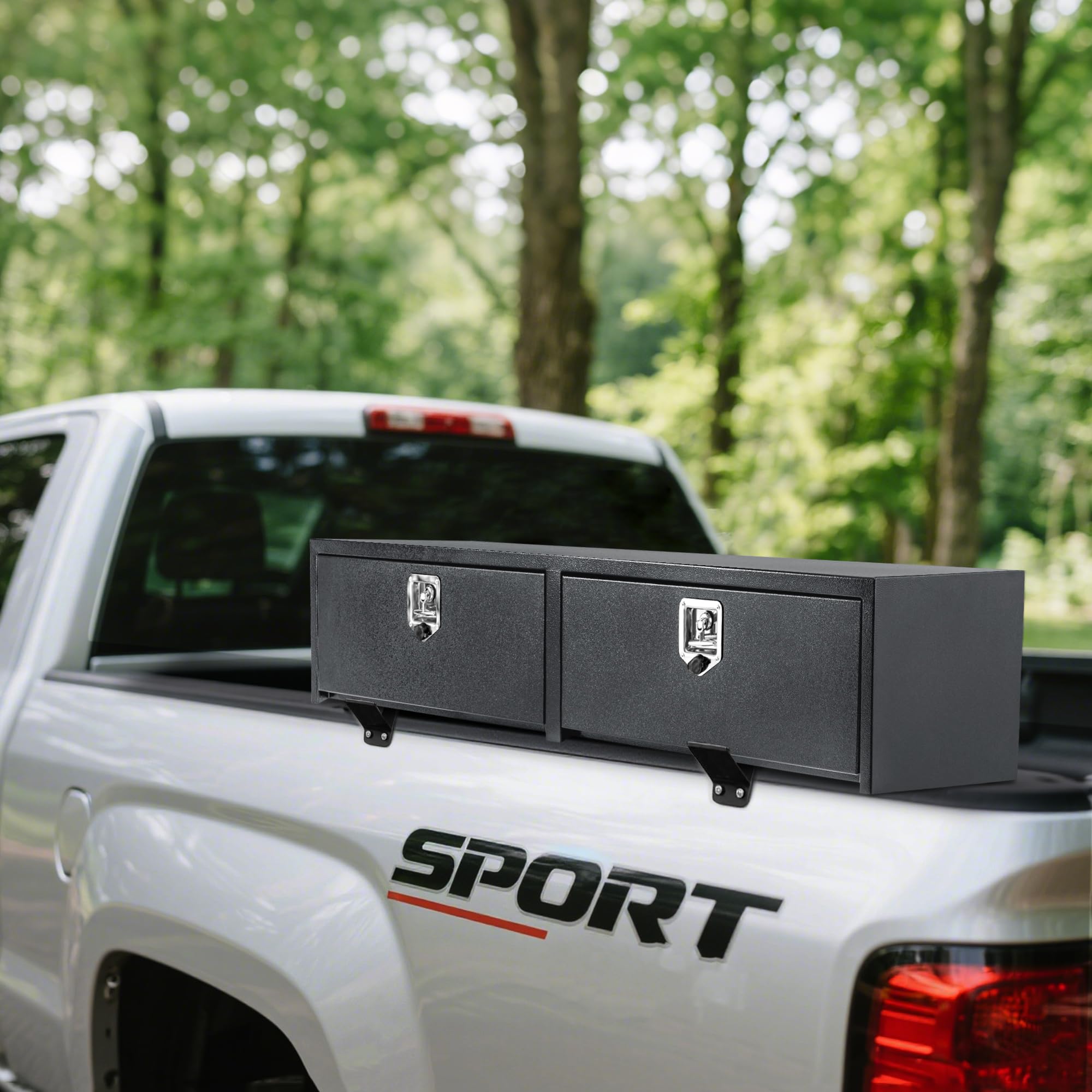 Garvee 48"X16"X13" Heavy Duty Black Steel Underbody Truck Tool Box, T-Handle Lock, Waterproof Storage Chest for Pickup, Truck Bed, RV, Trailer, Durable & Lockable Toolbox – Black Base Silver Flower Spray Plastic