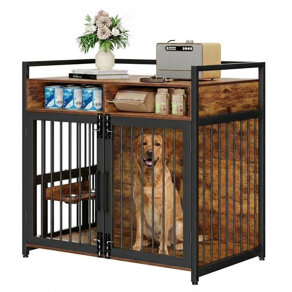 Garvee 48 Inch Dog Crate Furniture, Chew-Resistant Wooden Dog Cage Indoor with Doors, Dog House Side End Table, Heavy Duty Indoor Kennel for Medium/Large Dogs