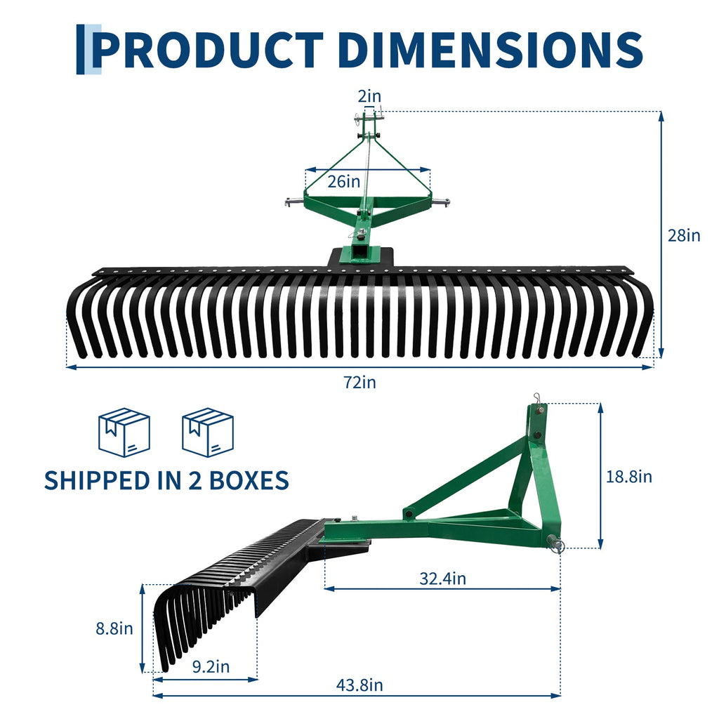 Garvee Heavy Duty 3-Point Landscape Rake for Tractor - 6FT Rock Rake with 37 Steel Tines - 360° Rotating Head - Fits Category 1 & 2 Tractors - Ideal for Lawn, Garden, and Yard - 6 Feet (72 Inches) Green, 37 Teeth