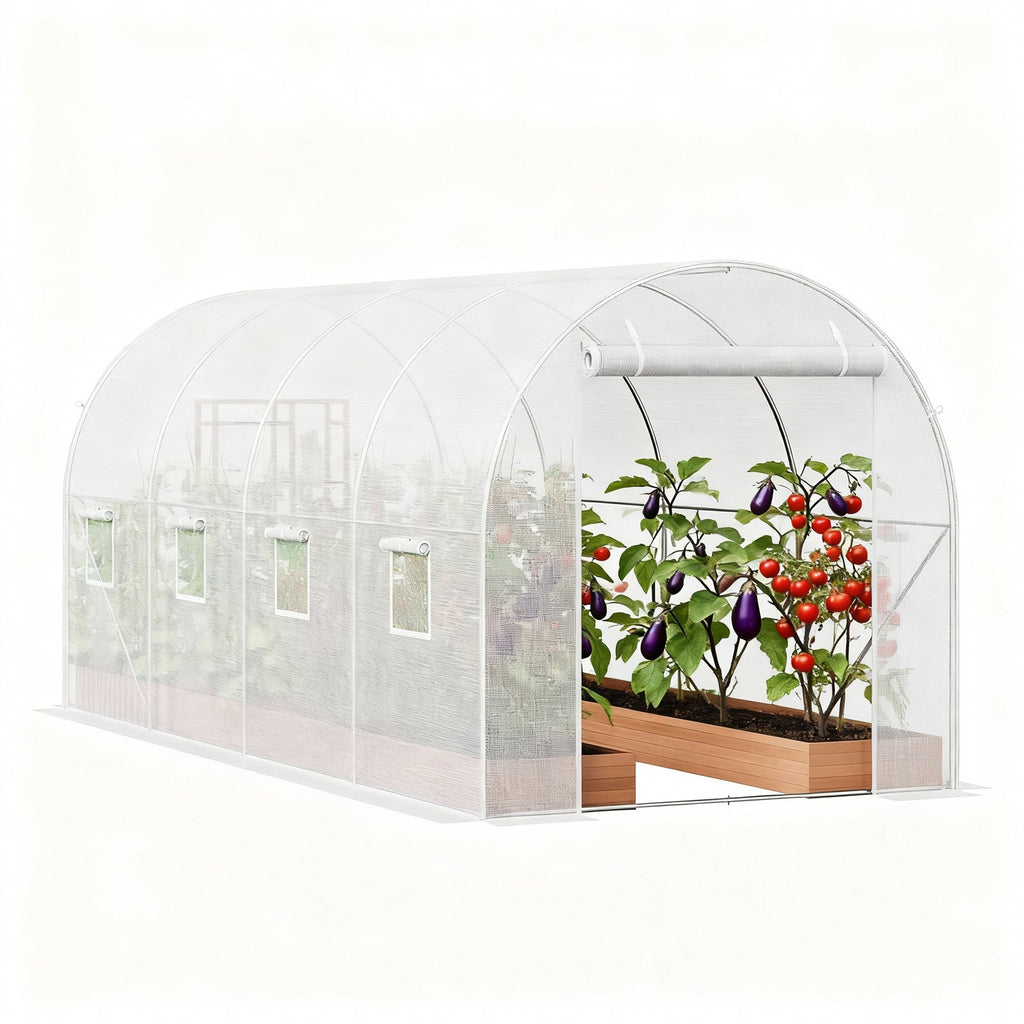 Garvee 14.6 x 6.4 x 6.3 FT Walk-In Tunnel Greenhouse, 140 GSM White PE Cover with Zippered Screen Door, 8 Roll-Up Windows & Galvanized Steel Frame