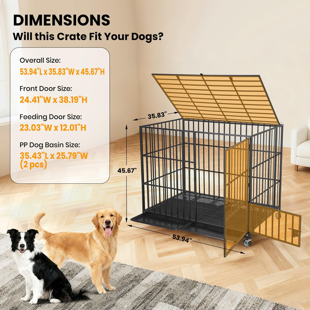 Garvee 54 Inch Heavy Duty Dog Crate, Metal Escape Proof Dog Kennel Indoor with 3 Doors, Removable Tray, Extra Large Dog Cage with Wheels for Large and Medium Dogs, Black