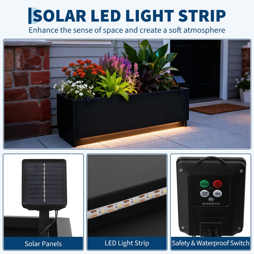 Garvee LED Metal Raised Garden Bed Planter Box – Snap-On Assembly, Exterior Light Strips, Waterproof Controller, Drainage Holes, Decorative Outdoor Flower & Vegetable Container – Black, 120x40x40cm