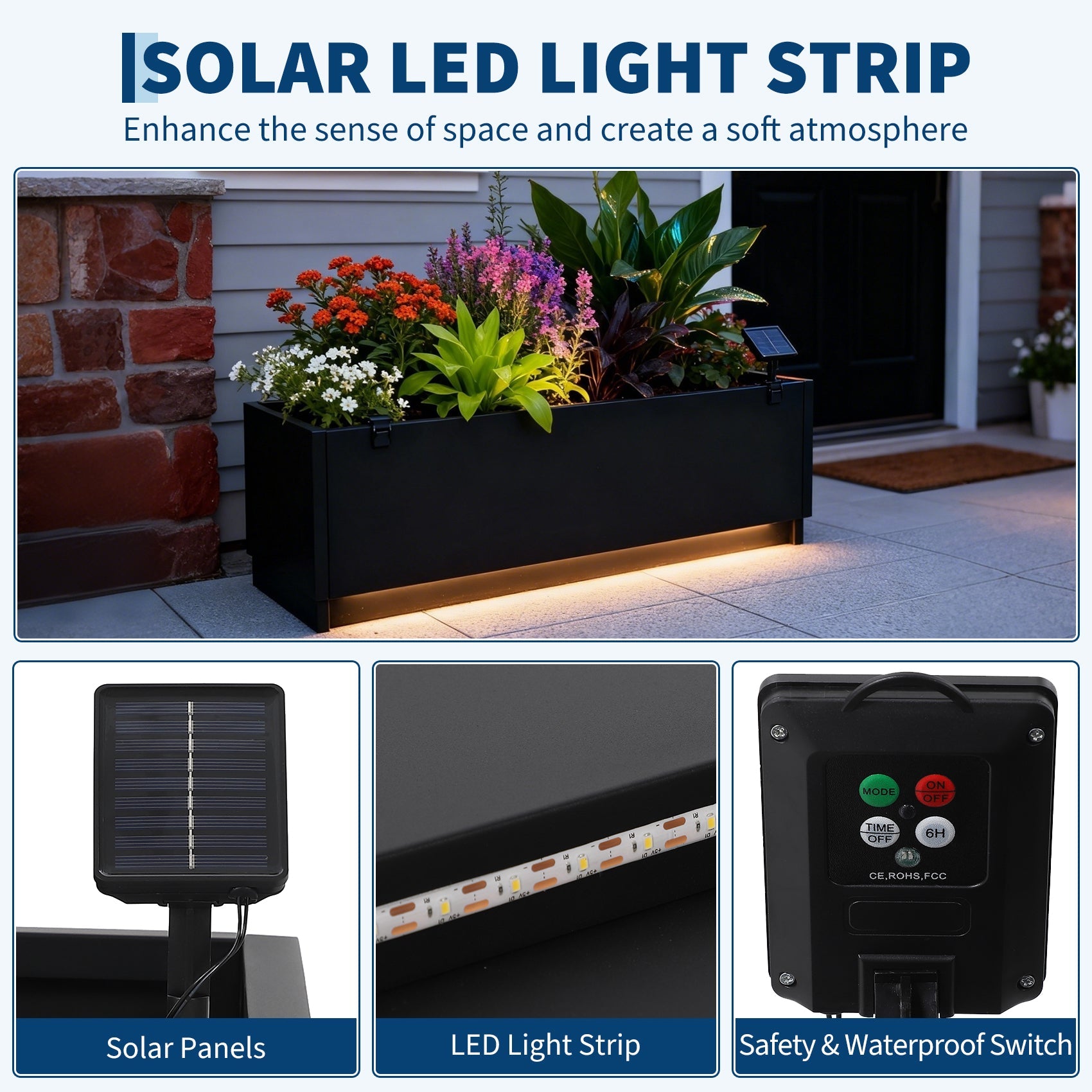 Garvee LED Metal Raised Garden Bed Planter Box – Snap-On Assembly, Exterior Light Strips, Waterproof Controller, Drainage Holes, Decorative Outdoor Flower & Vegetable Container – Black, 120x40x40cm