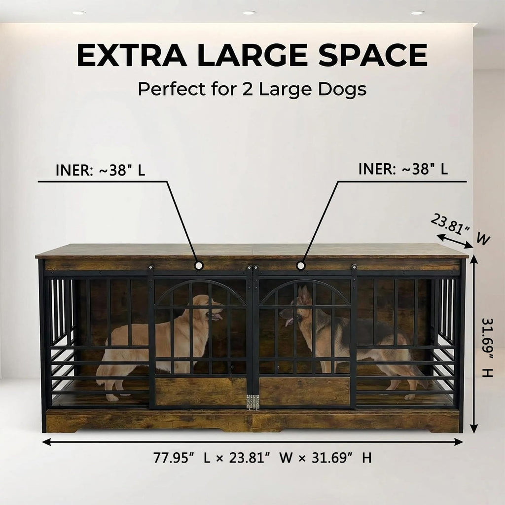Garvee 78" Extra Large Dog Crate Furniture for 2 Dogs - Double Compartment, Sliding Barn Doors - Engineered Wood, Heavy Duty Steel Bars - Removable Divider, Farmhouse Style - Indoor Living Room, TV Stand
