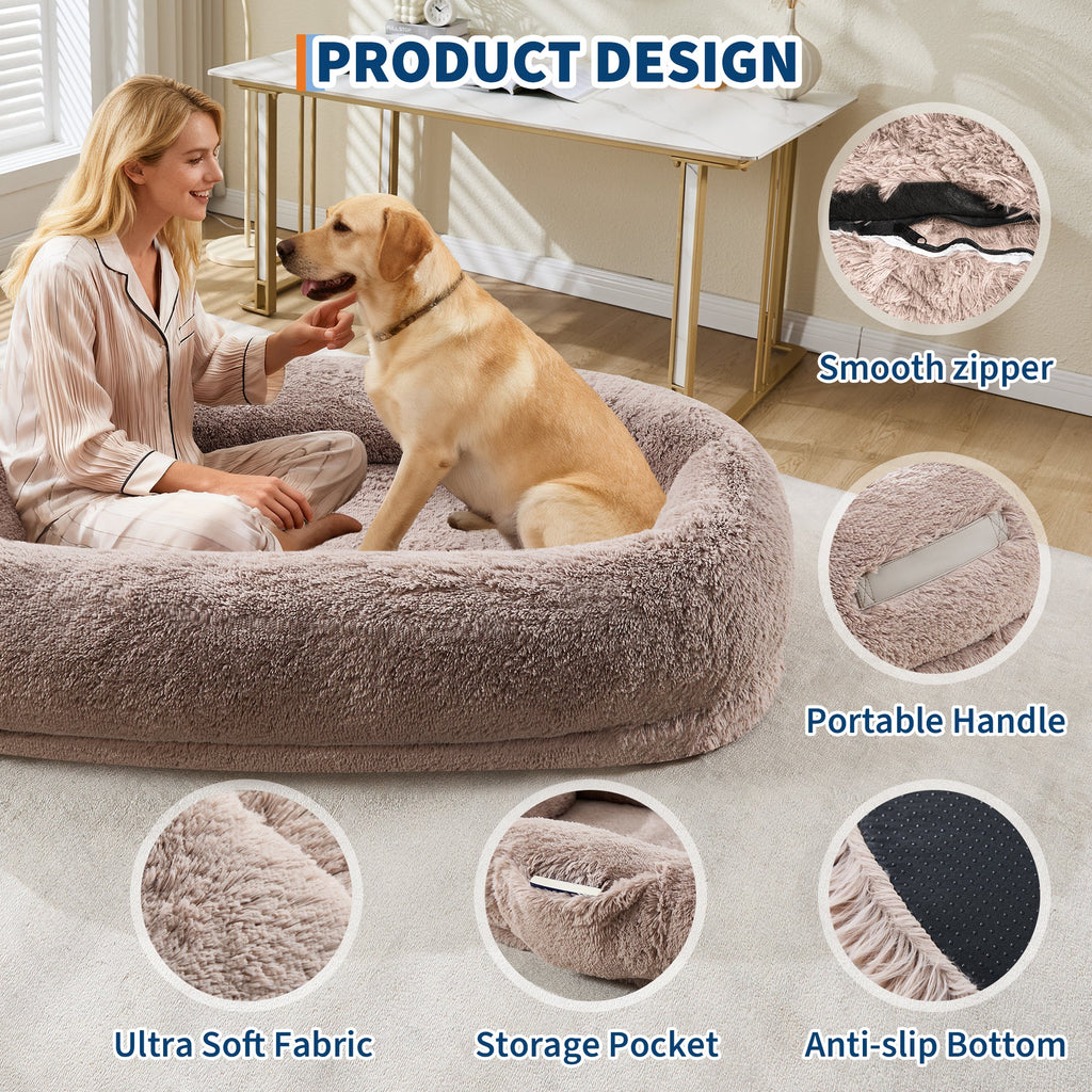 Garvee Orthopedic Soft Faux Fur Human Dog Bed for Adults & Pets – Large 67"x43"x8" Lounger, Removable Pillow, Side Pocket, Handle, Washable Cover, No Assembly, Bean Bag Style, Light Brown