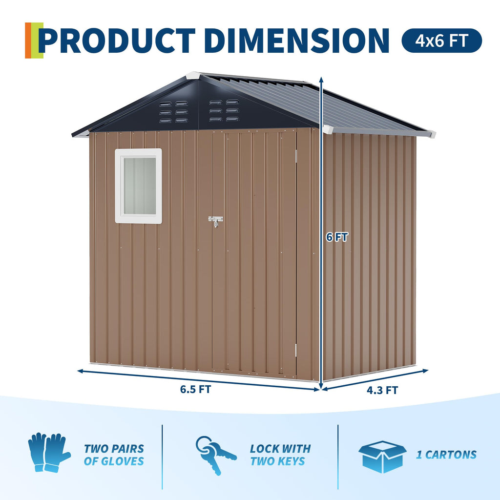 Garvee Outdoor Storage Shed, 6' × 4' Galvanized Steel Tool Shed with Window, Lockable Door, Air Vents, 27.95 Sq. Ft., 55–63 MPH Wind Rating, Brown
