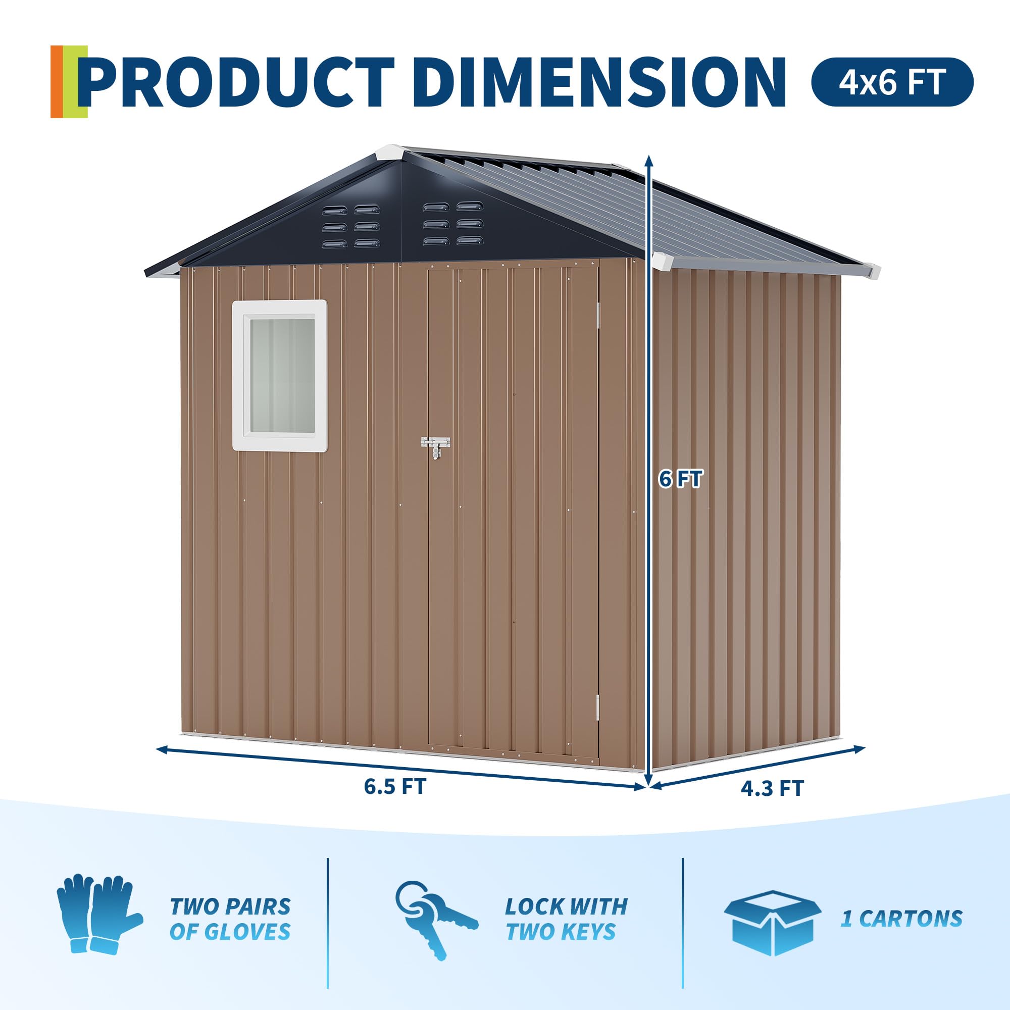 Garvee Outdoor Storage Shed, 6' × 4' Galvanized Steel Tool Shed with Window, Lockable Door, Air Vents, 27.95 Sq. Ft., 55–63 MPH Wind Rating, Brown