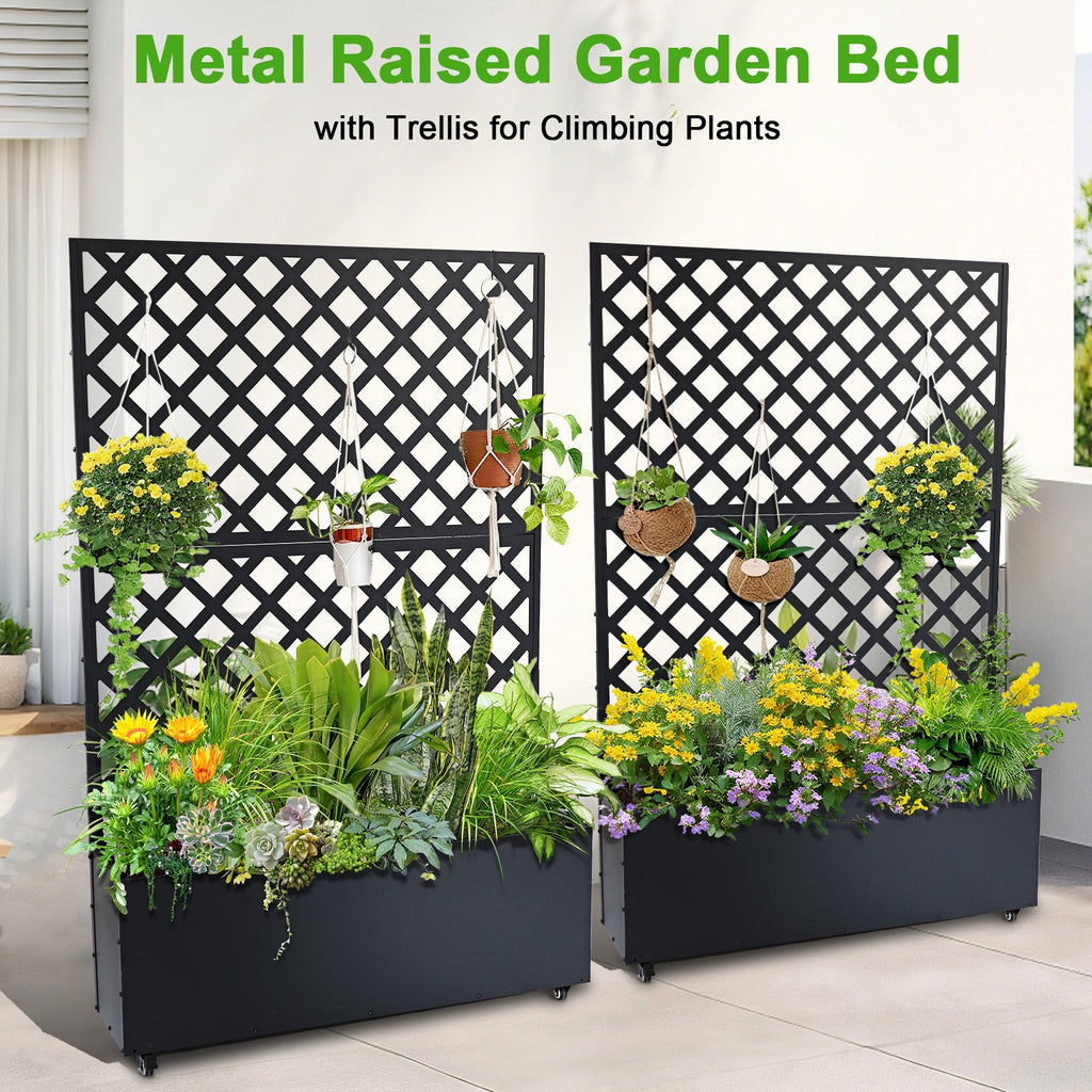 Garvee 73" x 46" x 12" Metal Planter Box with Trellis, Raised Garden Bed with Privacy Screen, Drainage Holes for Climbing Plants, Flowers & Vegetables, Black