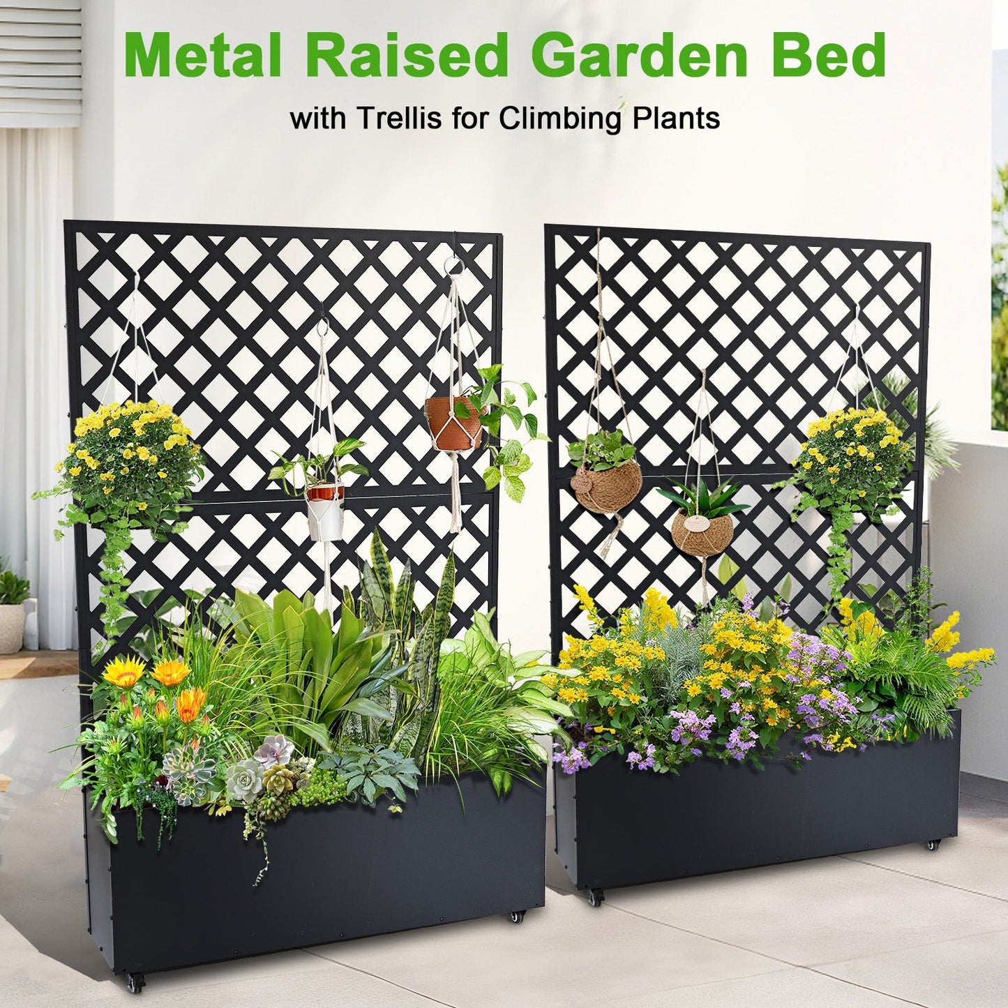 Garvee 73" x 46" x 12" Metal Planter Box with Trellis, Raised Garden Bed with Privacy Screen, Drainage Holes for Climbing Plants, Flowers & Vegetables, Black