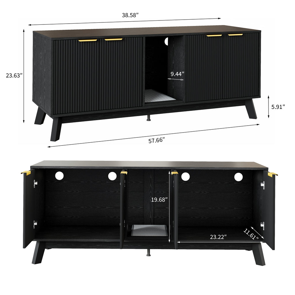 Garvee Double Cat Litter Box Enclosure Furniture, Hiddden Litter Box Furniture with Litter Collector & Scratch Pad, Wooden Litter Box Cabinet, Cats House, Black