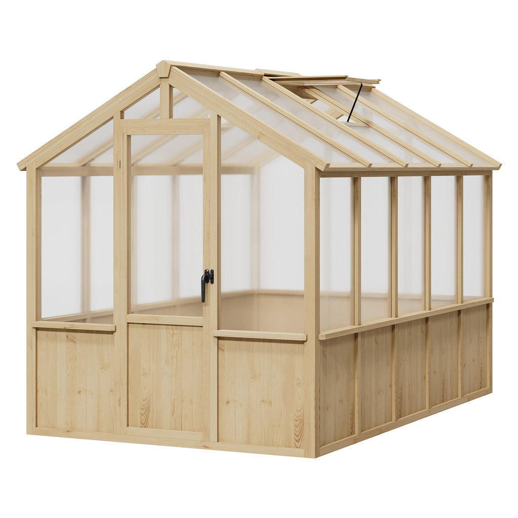 Garvee Walk-In Wooden Greenhouse for Outdoors – Heavy Duty Spruce Frame, PC Panels, Adjustable Roof Vent, Lockable Door – Garden Outdoor Storage for Backyard, Patio, Lawn – 6x10 Natural Wood Color