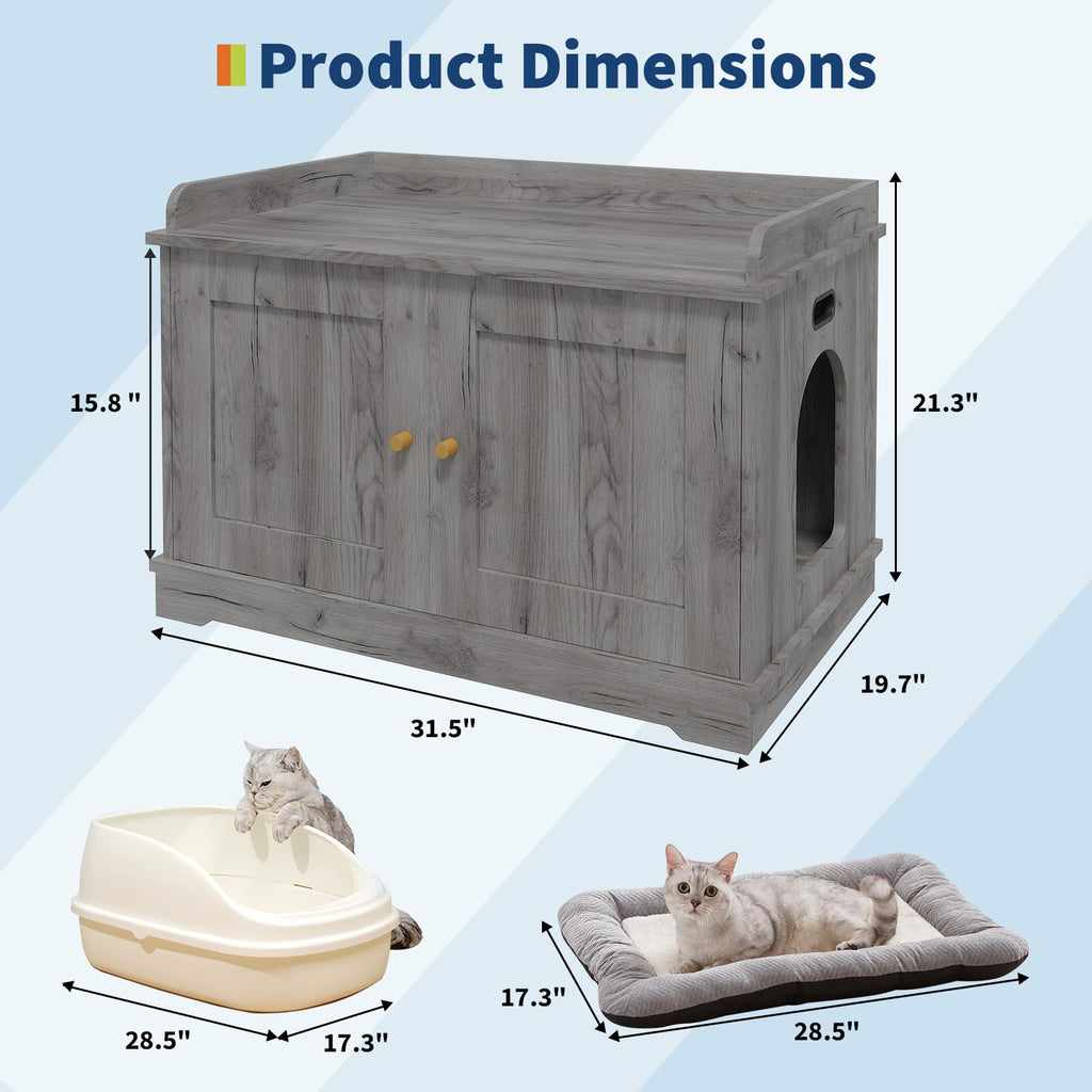 Garvee 31.5" Cat Litter Box Enclosure Furniture with Barn Door & Display Shelf, Wooden Hidden Litter Box Cover, Dog-Proof Design for Multiple Cats, Smooth Surface & Quick Clean-Up, Gray