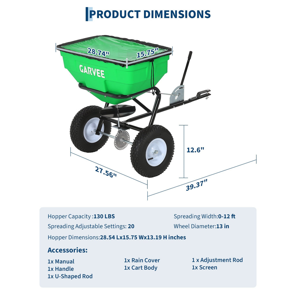 Garvee 130 lb Tow-Behind Broadcast Spreader, Heavy-Duty Lawn & Garden Spreader with 0–12 ft Coverage, Universal Hitch, 13" Pneumatic Tires & 20-Level Flow Control for ATV, UTV & Riding Mower, Green