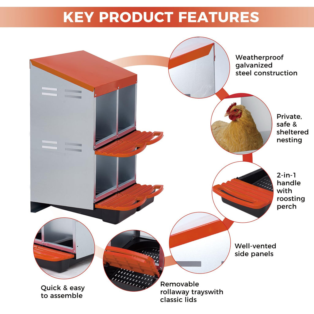Garvee 4-Compartment 2-Tier Chicken Nesting Box – Roll-Away Tray & Support Stand, Orange