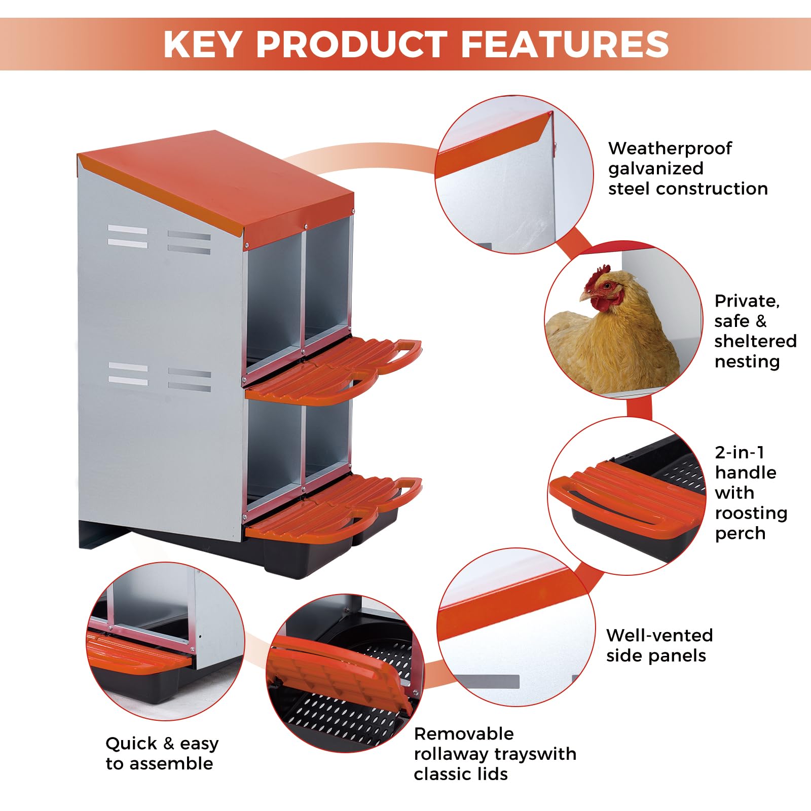 Garvee 4-Compartment 2-Tier Chicken Nesting Box – Roll-Away Tray & Support Stand, Orange