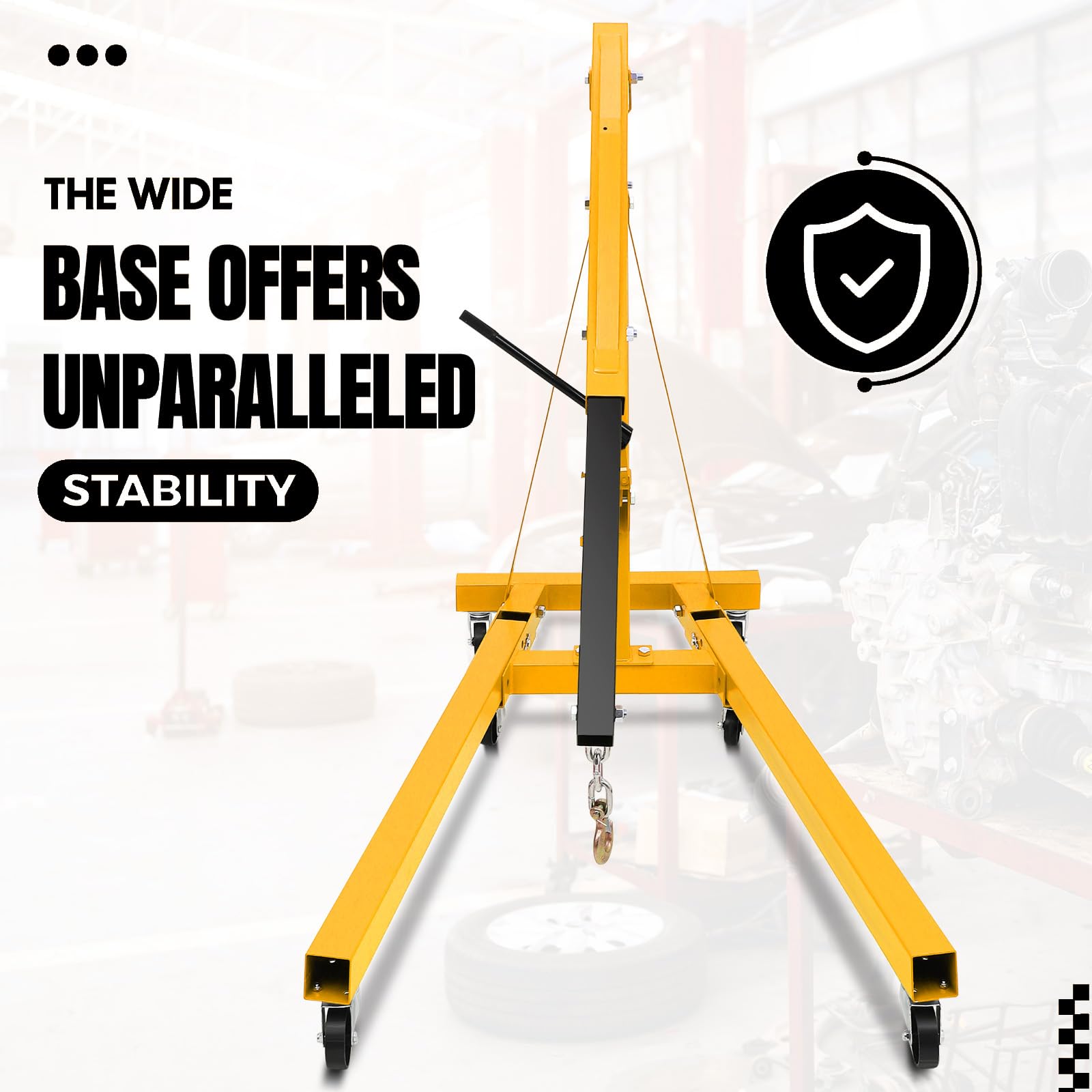 Garvee 2 Ton Hydraulic Folding Engine Hoist Cherry Picker - Heavy Duty 4400 lbs Shop Crane - Telescopic Boom & 6 Casters - Industrial Garage Engine Lift Jack - Yellow | Packaged