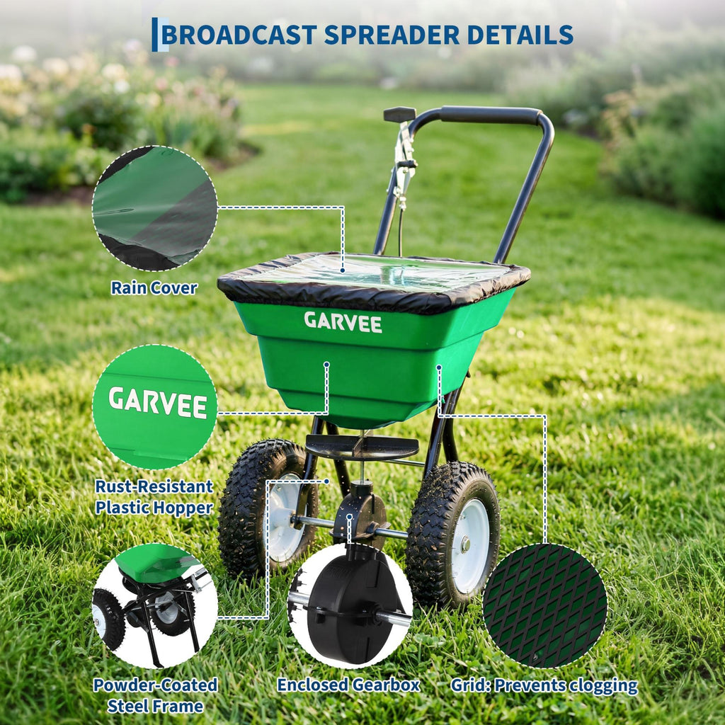 Garvee 80 lb Push Broadcast Spreader, Walk-Behind Lawn & Garden Spreader with 29 L Hopper, 0–12 ft Coverage, 13" All-Terrain Wheels & 20-Level Flow Control for Seed, Fertilizer, Salt & Ice Melt, Green/Black
