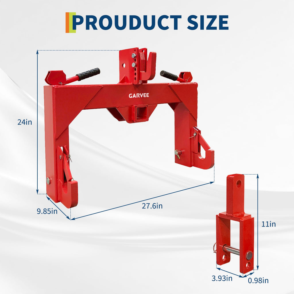 Garvee Heavy Duty 3-Point Quick Hitch Tool Set for Category 1 Tractors - Upgraded Versatile Adapter, 2" Receiver, 5-Level Adjustable Bolt, 3000 lbs Capacity, Trailer Hitch Attachment - Red