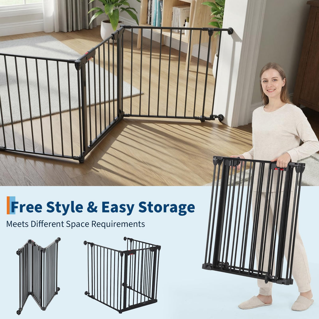 Garvee Adjustable Metal Pet Safety Gate, 3-Panel 29" High Collapsible Playpen with Lockable Door, Portable Indoor/Outdoor Barrier for Stairs, Doorways, RV, Camping, Yard, Garden, Black, 3PCS