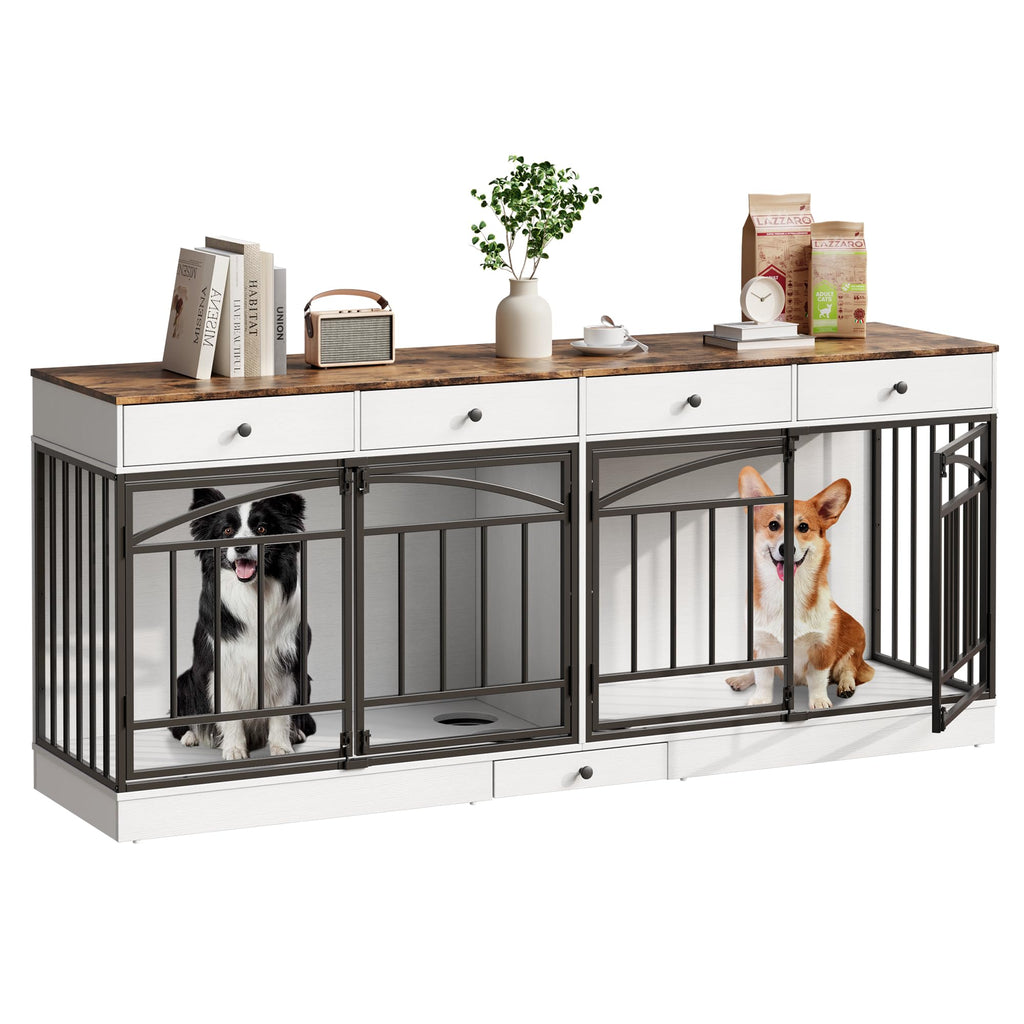 Garvee 78.7" Double Dog Crate Furniture with Storage and 4 Doors, Dog Kennel Indoor with Feeding Bowls, Wood Dog Crate TV Stand for Small Medium Dogs, White&Brown Top