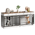 Garvee 78.7" Double Dog Crate Furniture with Storage and 4 Doors, Dog Kennel Indoor with Feeding Bowls, Wood Dog Crate TV Stand for Small Medium Dogs, White&Brown Top
