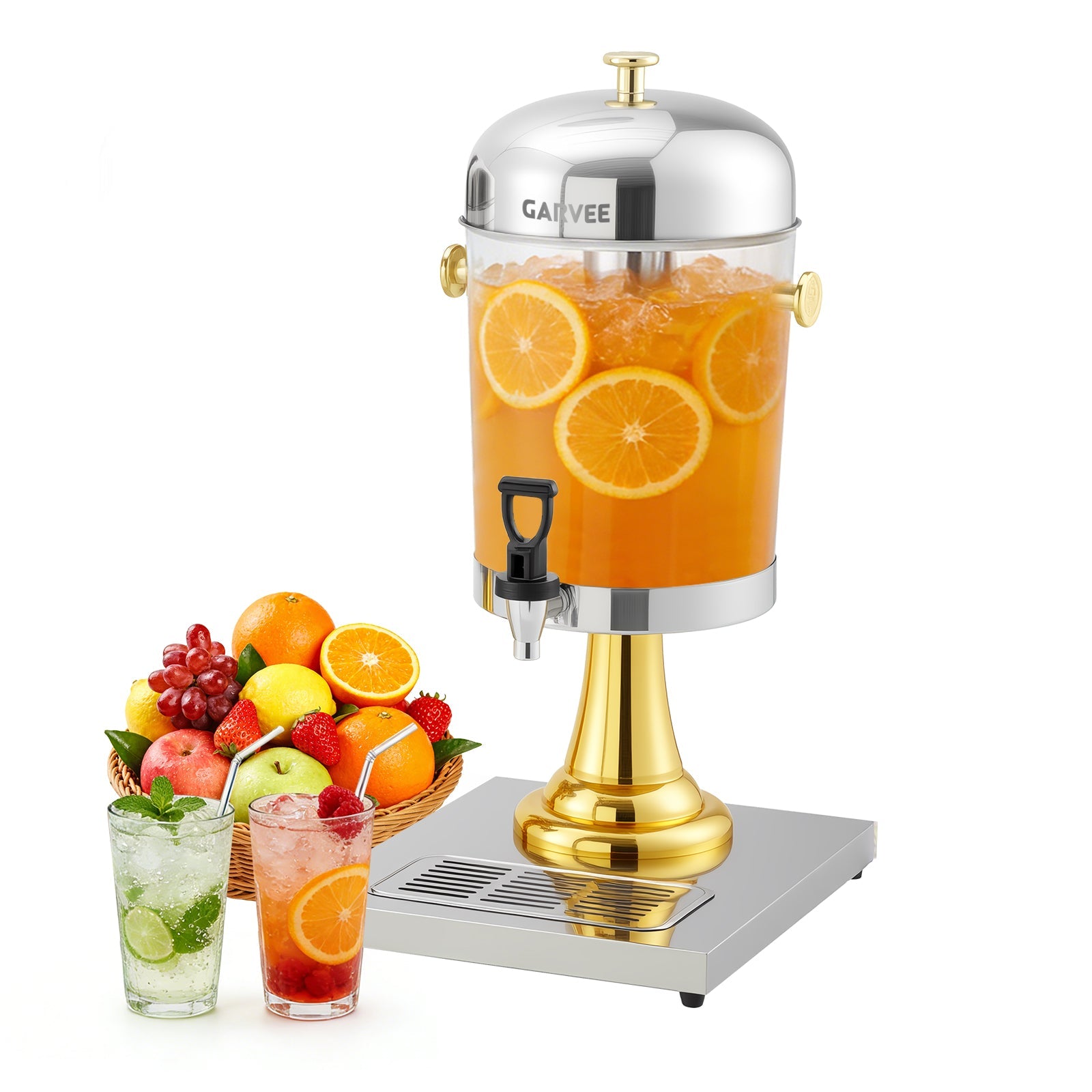 Garvee 2.2 Gallon Commercial Drink Dispenser, Stainless Steel Beverage Dispenser with Ice Core, Stand & Spigot for Cold Juice, Iced Tea and Lemonade at Parties & Weddings, Gold