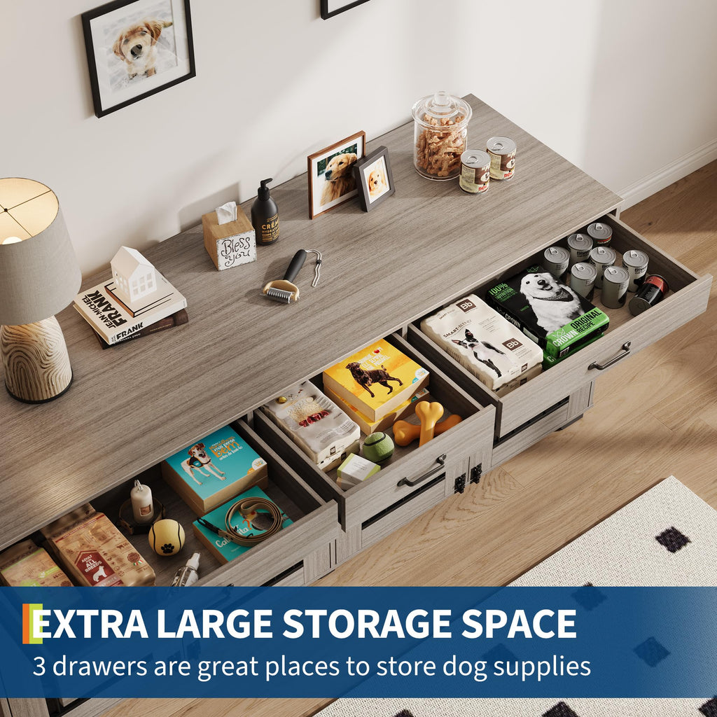 Garvee 71" Large Dual-Room Dog Crate with 3 Drawers, Double Doors, Metal & Wood, Storage & Security, Grey, Indoor Furniture Style