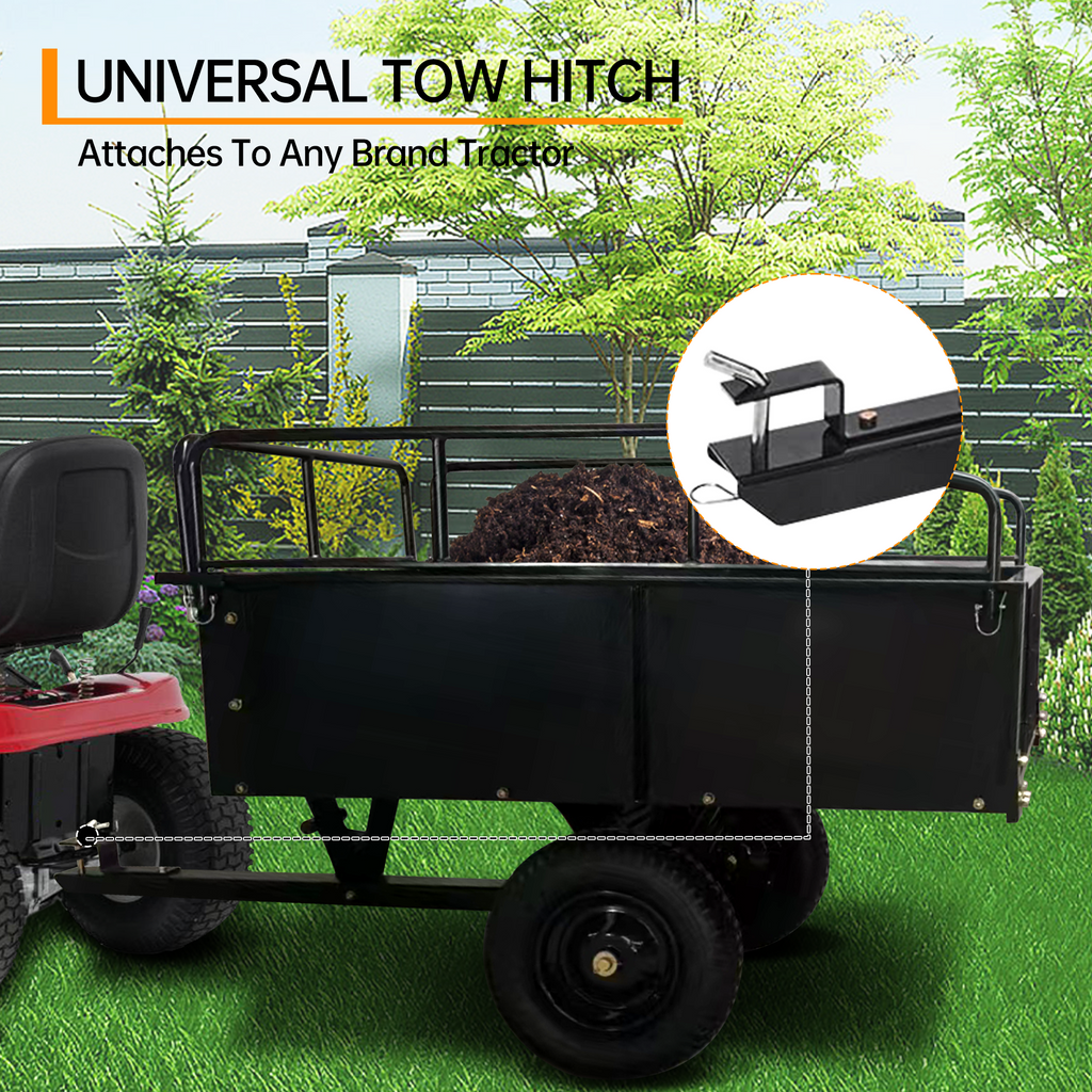 Garvee Tow-Behind Dump Cart for ATV, UTV and Lawn Tractor, 750 lbs Capacity, 15 Cu. Ft. Steel Trailer with Removable Sides and All-Terrain Tires